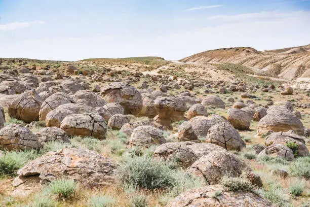 Photo of Unusual spherical shape of stones in the Kazakh steppe Mangistau, valley of balls in nature Torysh