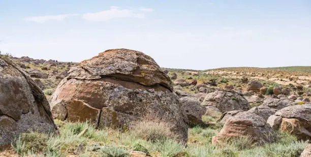 Photo of Unusual spherical shape of stones in the Kazakh steppe Mangistau, valley of balls in nature Torysh