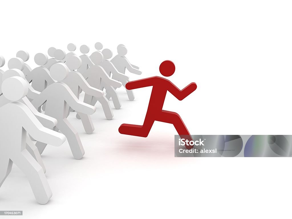 Red character running ahead of a group  Sports Race Stock Photo