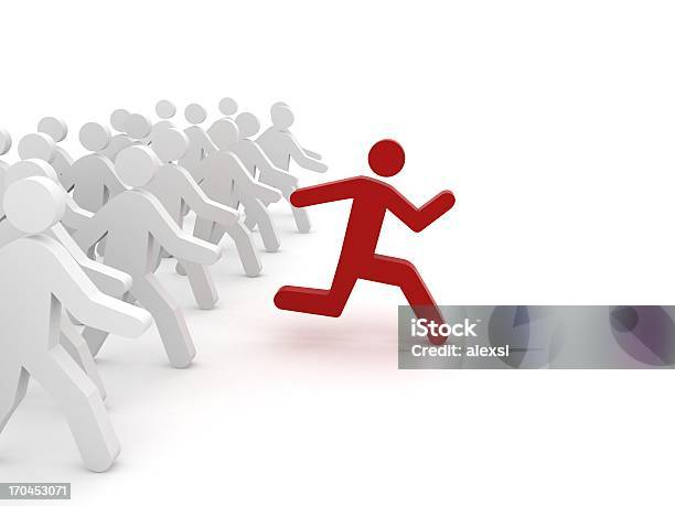 Red Character Running Ahead Of A Group Stock Photo - Download Image Now - Sports Race, Three Dimensional, Business