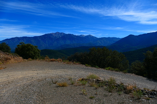 Track going down to Joncet in the Têt valley, with Canigou in the background, Pyrénées-Orientales