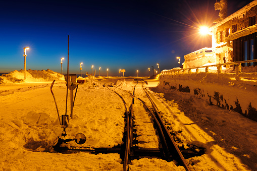 Snow Covered Lost Train Station in the Middle of Nowhere at Night after Snowstorm