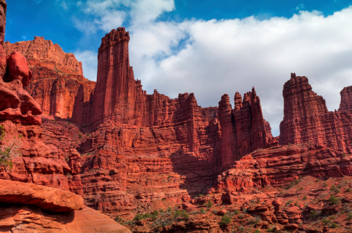 Wide-angled view of Fisher Towers near Moab, Utah, USA.