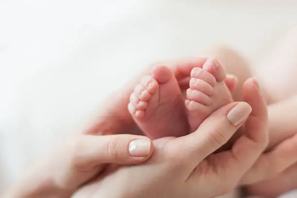 Close-up shot of baby's feet in mother's hands