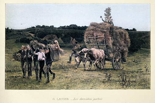 Vintage illustration after Les dernières gerbes by Georges Paul François Laurent Laugée a Naturalist French Painter, 19th Century French art