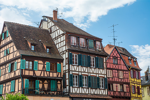 Strasbourg, France - May 14, 2023: Strasbourg, France - May 14, 2023: Half-timbered houses and canals in old town Petit France in Strasbourg in Elsace region along the Rhine river in France