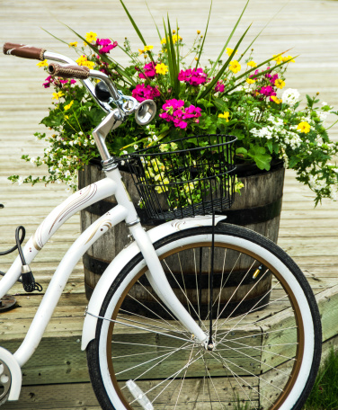 An older style white bike next to a tub of flowers... close-up.