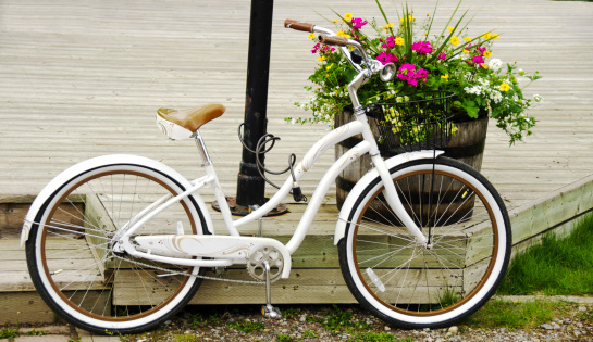 An older style white bike next to a tub of flowers... full frame.