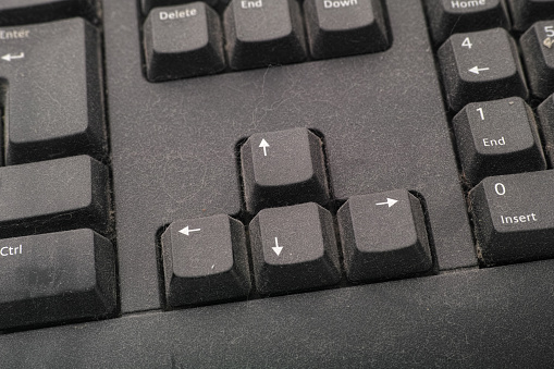 The arrow keys of a black dusty computer keyboard. Close up.