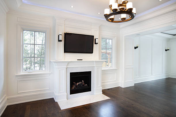 nova sala de estar - modern tv room with fireplace - fotografias e filmes do acervo