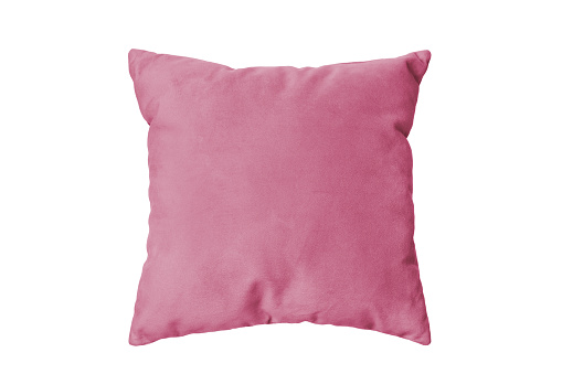 Decorative pink rectangular pillow for sleeping and resting isolated on white background. Cushion for home interior decor, pillowcase mockup, template for design.