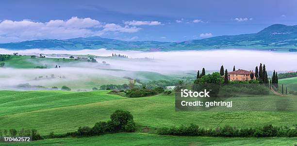 Farm In Tuscany At Dawn Stock Photo - Download Image Now - Tuscany, Aerial View, Agricultural Building
