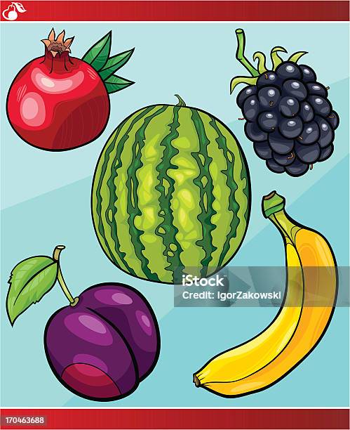 Zestaw Ilustracja Kreskówka Owoce - Stockowe grafiki wektorowe i więcej obrazów Arbuz - Arbuz, Banan, Bez ludzi