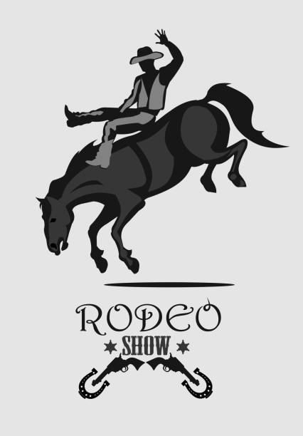 illustrazioni stock, clip art, cartoni animati e icone di tendenza di uomo che cavalca il bronco in rodeo selvaggio west - cowboy rodeo wild west bucking bronco
