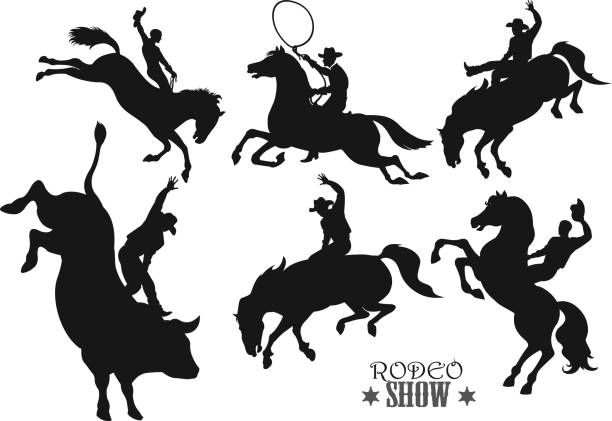 illustrazioni stock, clip art, cartoni animati e icone di tendenza di uomo che cavalca il bronco in rodeo selvaggio west - cowboy rodeo wild west bucking bronco