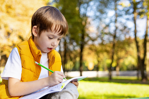 6 year old boy in a public park doing homework
