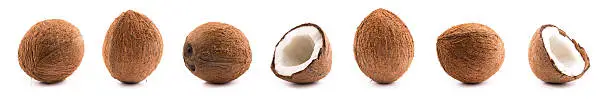 coconuts on white background. 7 photos merged together.