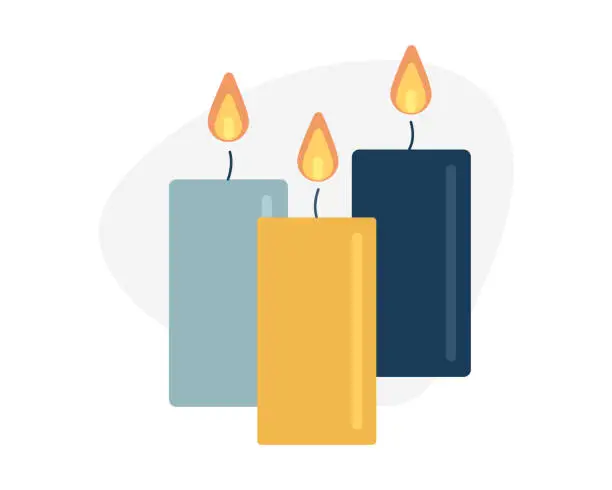 Vector illustration of Three Burning Candles stand nearby. Multi-colored tall wax candles. Fire. Cozy interior item. Color image - yellow, blue