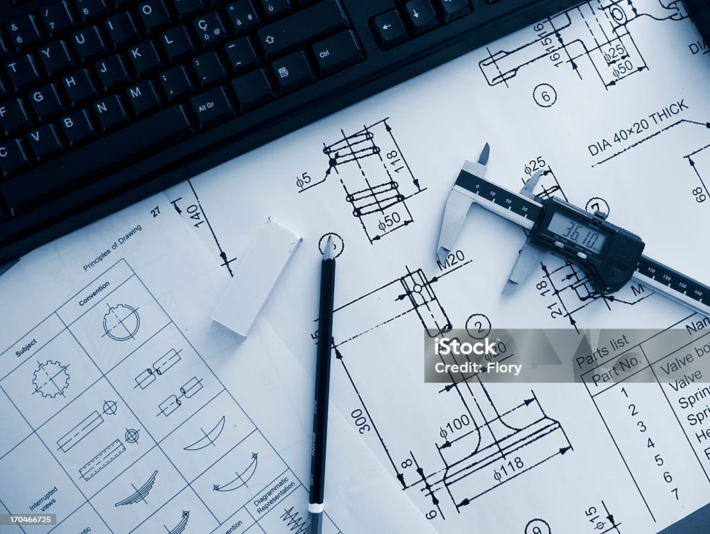 Mechanical design Computer and design of mechanical parts Pencil Stock Photo