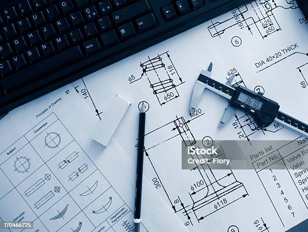 Mechanical Design Stock Photo - Download Image Now - Pencil, Blueprint, Caliper