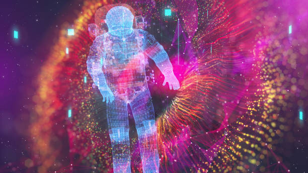 istock Astronaut mesh in Space Suit Confidently Flying through Space and Time. 1704694193