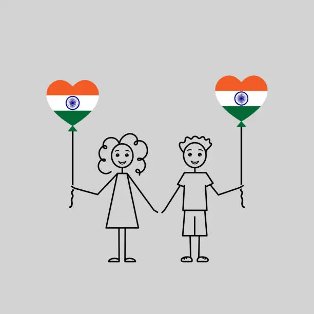 Vector illustration of indian children, love India sketch, girl and boy with a heart shaped balloons, black line vector illustration