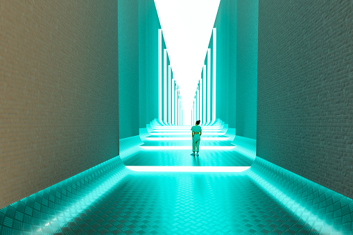Young woman standing in futuristic corridor, 3D generated image.