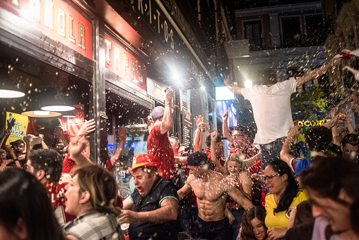 Madrid, Spain - June 1st 2019. Liverpool supporters celebrating in the streets of Madrid during the 2019 UEFA Champions League final between Liverpool and Tottenham