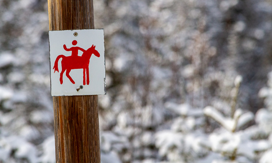 A white printed poster with a red horse and rider is screwed onto a post to indicate this is an area there people can ride horses.  Person on horse is waving.  Background is blurred snow covered evergreen trees