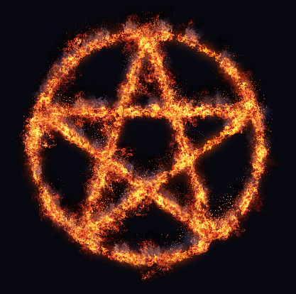 Burning pentagram, inscribed in a circle, representing magick and alternative belief systems.