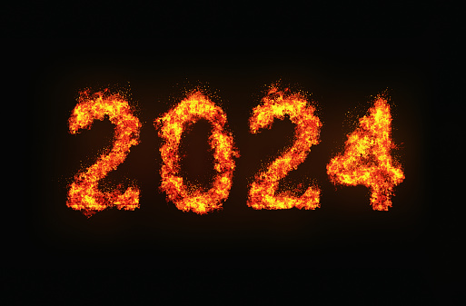 Representing the new year, beginnings, or just the date, the year 2024 is written out in burning letters of fire.