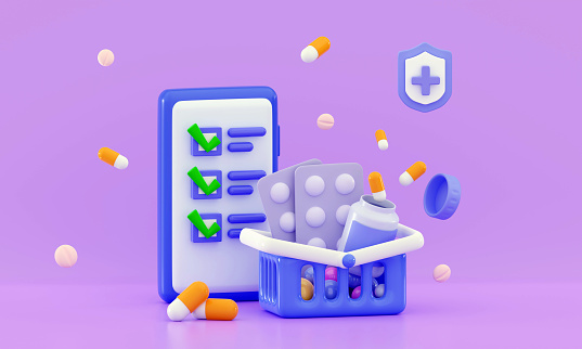 3d online medicine concept Shopping cart and jars for pills, capsules Mobile phone with vitamins confetti Order medicines Healthcare pharmacy store app Minimal three-dimensional rendering illustration