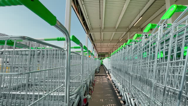 A lot of big new basket for the purchase of building goods are ready to use, clean and empty, close-up footage, no people