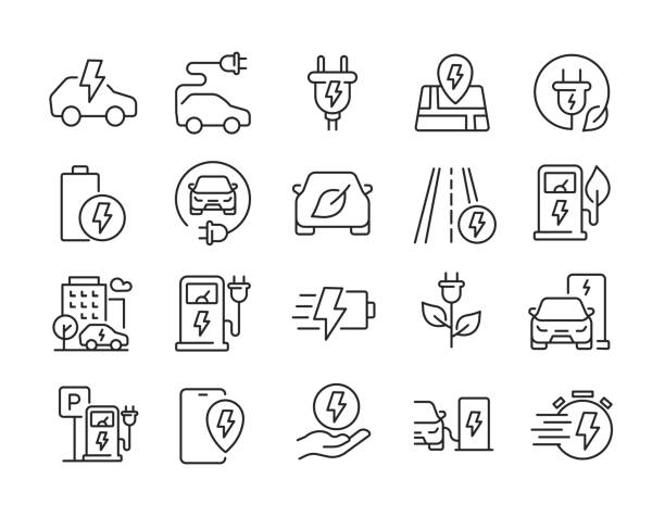 ilustraciones, imágenes clip art, dibujos animados e iconos de stock de coche eléctrico, iconos de línea delgada de la estación de carga. trazo editable. para el diseño de marketing de sitios web, logotipo, aplicación, plantilla, interfaz de usuario, etc. ilustración vectorial. - estación de carga eléctrica