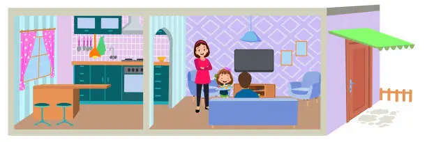 Vector illustration of One cut cartoon house and children