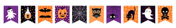 ilustrações de stock, clip art, desenhos animados e ícones de cute halloween party bunting garland decoration, spooky holiday banner design with ghost, pumpkin, bat and spider in orange, black and purple for kids designs and invitation backgrounds - bat halloween spider web spooky