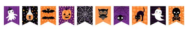 Vector illustration of Cute Halloween Party Bunting Garland Decoration, Spooky Holiday Banner Design with Ghost, Pumpkin, Bat and Spider in Orange, Black and Purple for Kids Designs and Invitation Backgrounds
