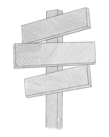 pole with wooden signboard, signpost or guidepost. Vintage engraving drawing style vector illustration