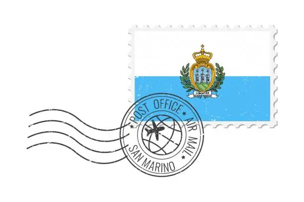 Vector illustration of San Marino grunge postage stamp. Vintage postcard vector illustration with national flag of San Marino isolated on white background. Retro style.