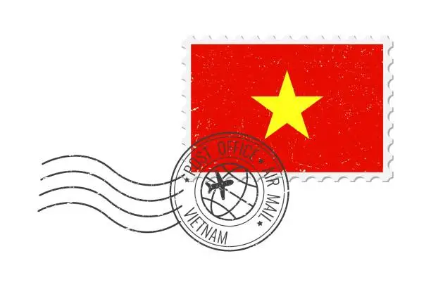 Vector illustration of Vietnam grunge postage stamp. Vintage postcard vector illustration with Vietnamese national flag isolated on white background. Retro style.