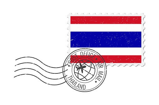 Thailand grunge postage stamp. Vintage postcard vector illustration with Thai national flag isolated on white background. Retro style.