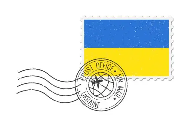 Vector illustration of Ukraine grunge postage stamp. Vintage postcard vector illustration with Ukrainian national flag isolated on white background. Retro style.