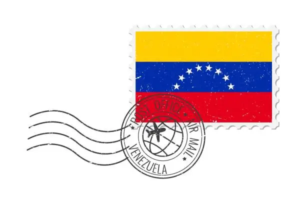 Vector illustration of Venezuela grunge postage stamp. Vintage postcard vector illustration with Venezuelan national flag isolated on white background. Retro style.