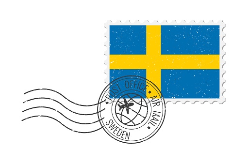 Sweden grunge postage stamp. Vintage postcard vector illustration with Swedish national flag isolated on white background. Retro style.