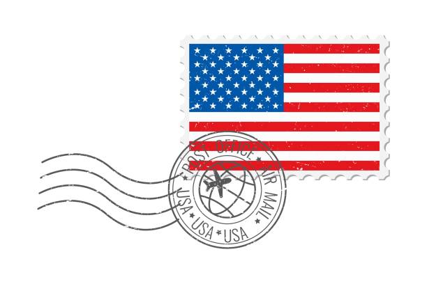 USA grunge postage stamp. Vintage postcard vector illustration with American national flag isolated on white background. Retro style.