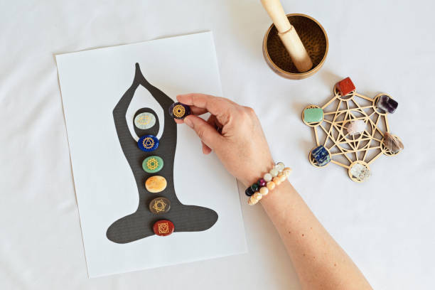 istock Healing chakra crystal grid therapy. Rituals with gemstones for wellness, healing, meditation, destress, relaxation, mental health, spiritual practices. Energetical power concept 1704997532