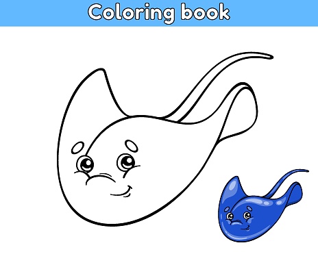 Page of the kids coloring book. Color cartoon dark blue stingray. Worksheet for children with contour sea animal. Vector outline illustration ocean creature. Isolated on a white background.