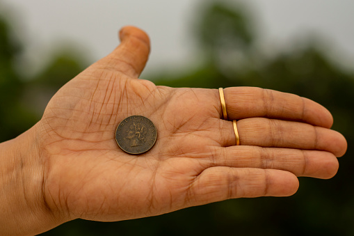 Vintage copper coin in hand