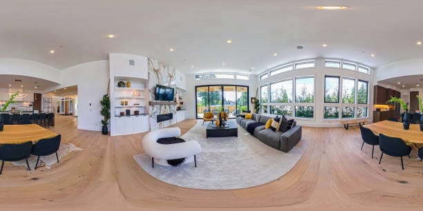360-degree Photo of a Modern Home Living Room, Kitchen and Dining Area stock photo