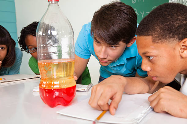 Junior High students in science class watching simulated lava lamp.